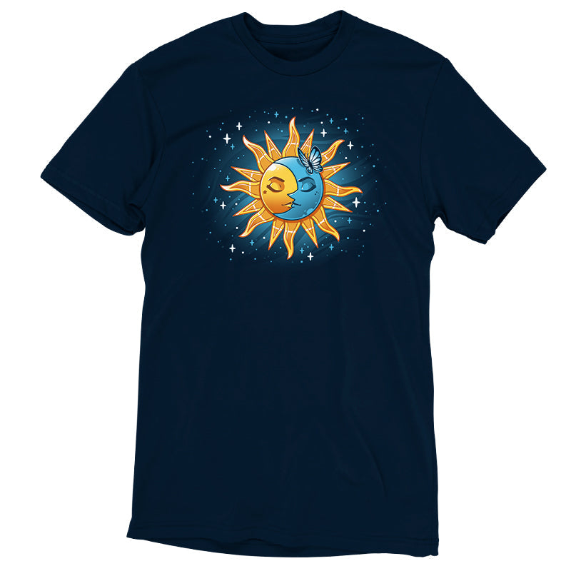 Premium Cotton T-shirt_TeeTurtle Celestial Duo navy blue t-shirt featuring a sun and moon surrounded by stars. 