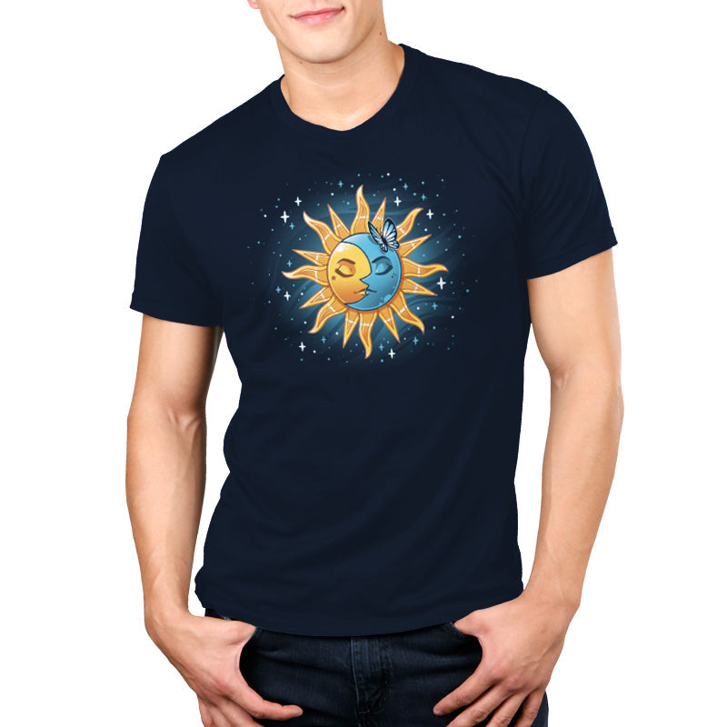 Premium Cotton T-shirt_TeeTurtle Celestial Duo navy blue t-shirt featuring a sun and moon surrounded by stars. 