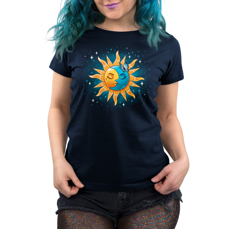 Premium Cotton T-shirt_TeeTurtle Celestial Duo navy blue t-shirt featuring a sun and moon surrounded by stars. 