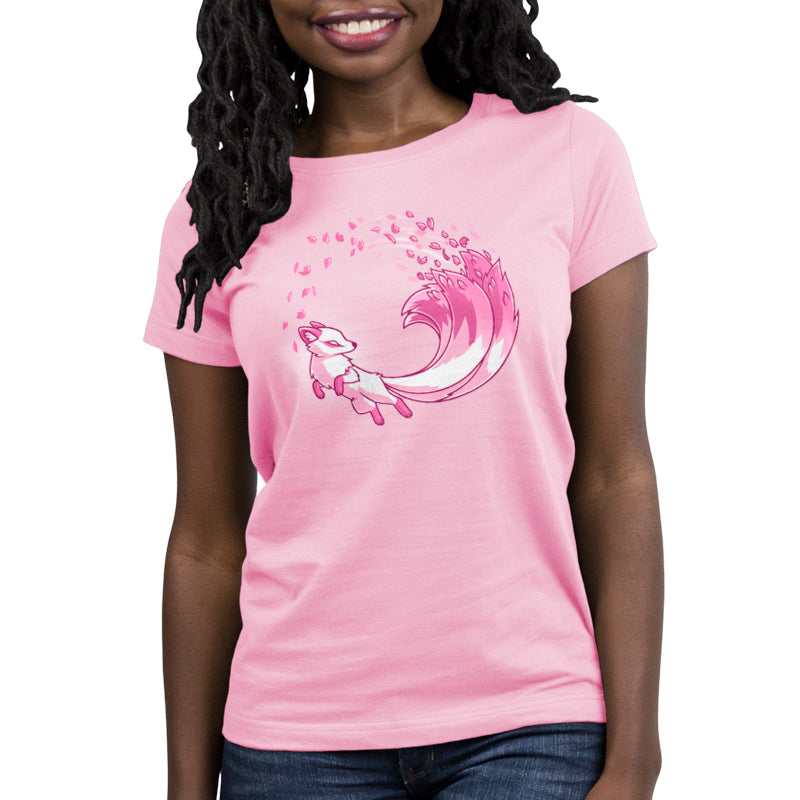 Premium Cotton T-shirt_TeeTurtle Cherry Blossom Kitsune light pink t-shirt featuring a magical pink kitsune with cherry blossom petals coming from the tails.