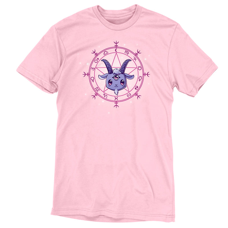 Premium Cotton T-shirt_TeeTurtle Chibi Baphoment pink t-shirt featuring a goat-like creature with three eyes in front of a mystical symbol.