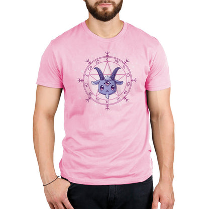 Premium Cotton T-shirt_TeeTurtle Chibi Baphoment pink t-shirt featuring a goat-like creature with three eyes in front of a mystical symbol.