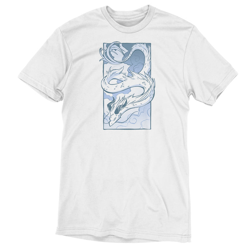 Premium Cotton T-shirt_TeeTurtle Cloud Dragon white t-shirt featuring a long, serpentine dragon with horns, coiled in the air against a cloudy sky background, drawn in monochromatic blue tones. 