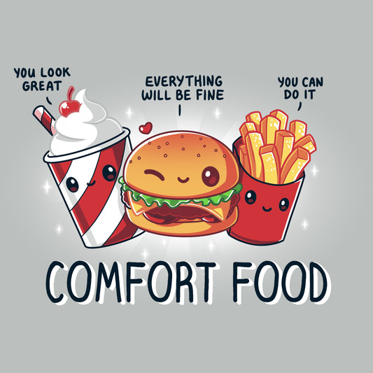 Premium Cotton T-shirt_TeeTurtle Comfort Food Silver Gray t-shirt featuring an illustration of a milkshake, burger, and fries with smiling faces and motivational quotes: 