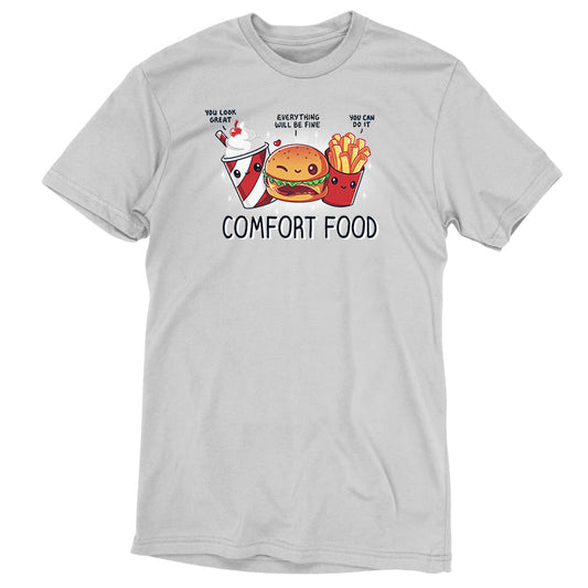 Premium Cotton T-shirt_TeeTurtle Comfort Food Silver Gray t-shirt featuring an illustration of a milkshake, burger, and fries with smiling faces and motivational quotes: 