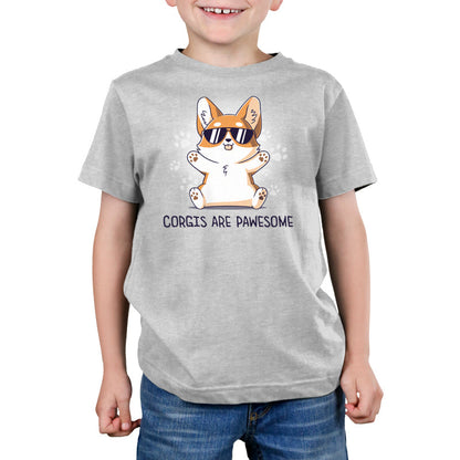 Premium Cotton T-shirt_TeeTurtle Corgis Are Pawsome Silver Gray t-shirt featuring an illustration of a corgi wearing sunglasses with its tongue out, sitting and smiling. The background has paw prints and the text "Corgis are PAWESOME" is written at the bottom. 