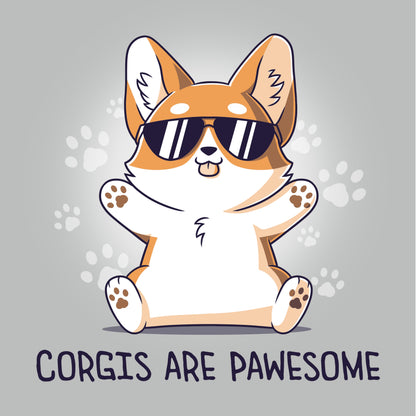 Premium Cotton T-shirt_TeeTurtle Corgis Are Pawsome Silver Gray t-shirt featuring an illustration of a corgi wearing sunglasses with its tongue out, sitting and smiling. The background has paw prints and the text "Corgis are PAWESOME" is written at the bottom. 