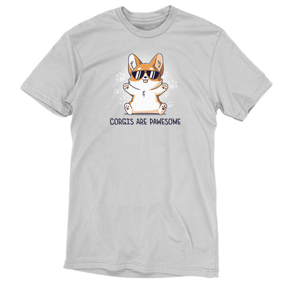 Premium Cotton T-shirt_TeeTurtle Corgis Are Pawsome Silver Gray t-shirt featuring an illustration of a corgi wearing sunglasses with its tongue out, sitting and smiling. The background has paw prints and the text "Corgis are PAWESOME" is written at the bottom. 