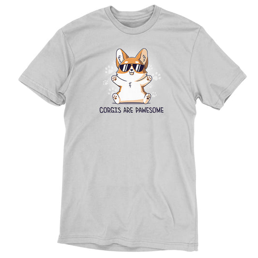 Premium Cotton T-shirt_TeeTurtle Corgis Are Pawsome Silver Gray t-shirt featuring an illustration of a corgi wearing sunglasses with its tongue out, sitting and smiling. The background has paw prints and the text 