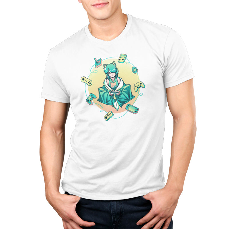 Premium Cotton T-shirt_TeeTurtle Cozy Gamer Girl white t-shirt featuring an Anime character  holding a game controller.