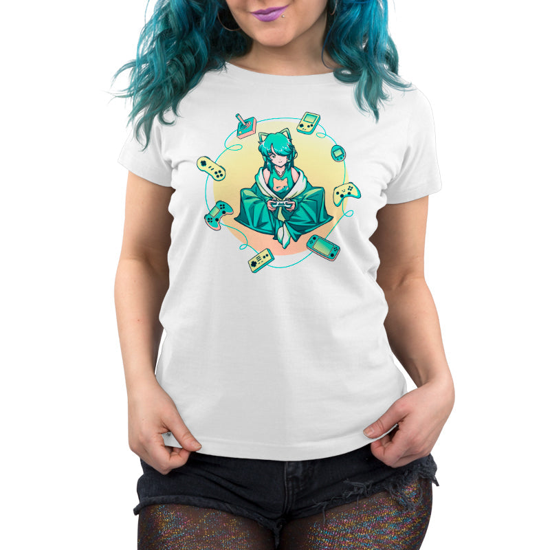 Premium Cotton T-shirt_TeeTurtle Cozy Gamer Girl white t-shirt featuring an Anime character  holding a game controller.