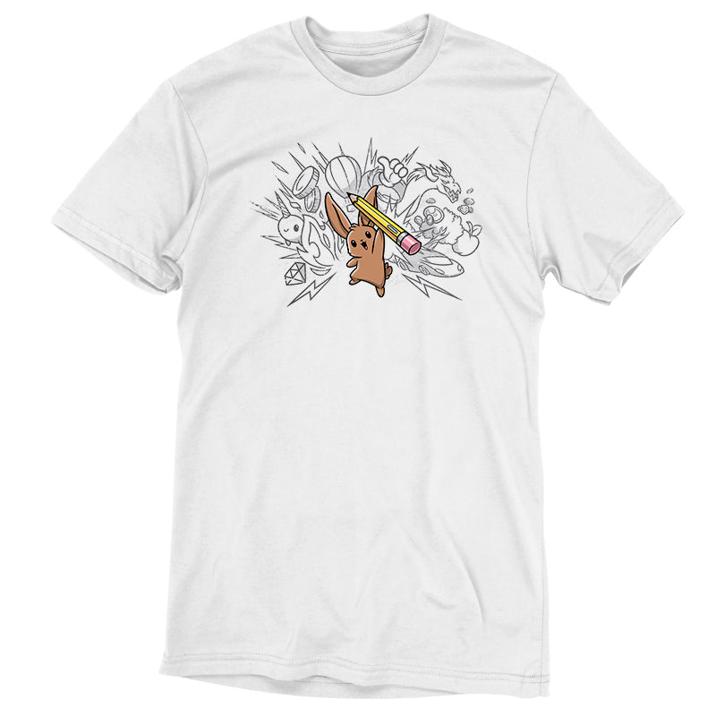 Premium Cotton T-shirt_TeeTurtle white Creative Doodlebunny t-shirt featuring a bunny holding a pencil with doodles in the background.