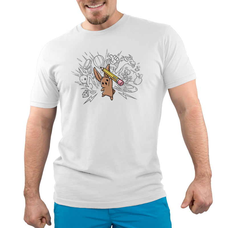 Premium Cotton T-shirt_TeeTurtle white Creative Doodlebunny t-shirt featuring a bunny holding a pencil with doodles in the background.