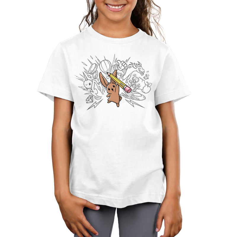 Premium Cotton T-shirt_TeeTurtle white Creative Doodlebunny t-shirt featuring a bunny holding a pencil with doodles in the background.