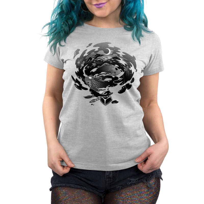 Premium Cotton T-shirt_TeeTurtle Creative Flow silver gray t-shirt featuring a swirling vortex of ink coming from an inkwell, with sea creatures and dragons swimming in it. 
