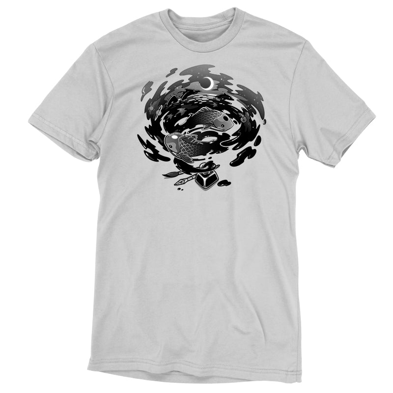 Premium Cotton T-shirt_TeeTurtle Creative Flow silver gray t-shirt featuring a swirling vortex of ink coming from an inkwell, with sea creatures and dragons swimming in it. 
