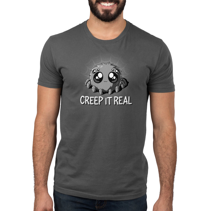 Premium Cotton T-shirt_TeeTurtle charcoal gray Creep It Real. Featuring a spider with large, cute eyes.