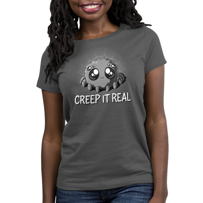 Premium Cotton T-shirt_TeeTurtle charcoal gray Creep It Real. Featuring a spider with large, cute eyes.