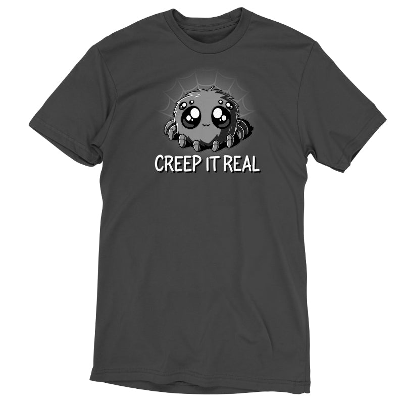 Premium Cotton T-shirt_TeeTurtle charcoal gray Creep It Real. Featuring a spider with large, cute eyes.