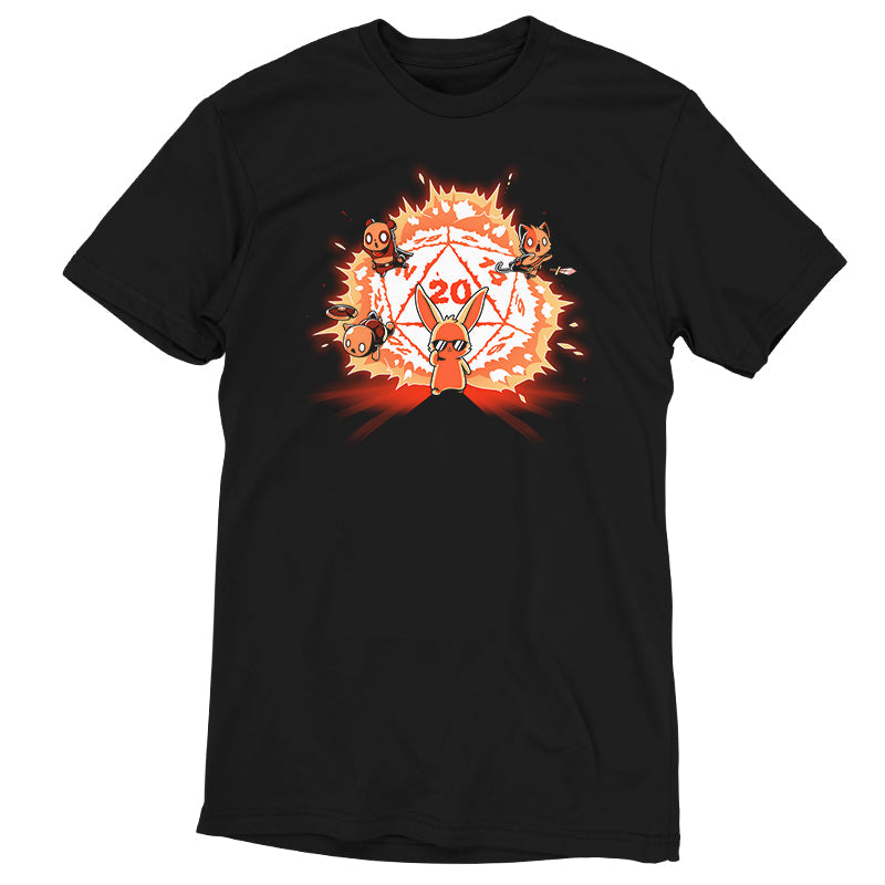 Premium Cotton T-shirt_TeeTurtle Critical Hit black t-shirt featuring a cool bunny with an exploding D20 behind them. 