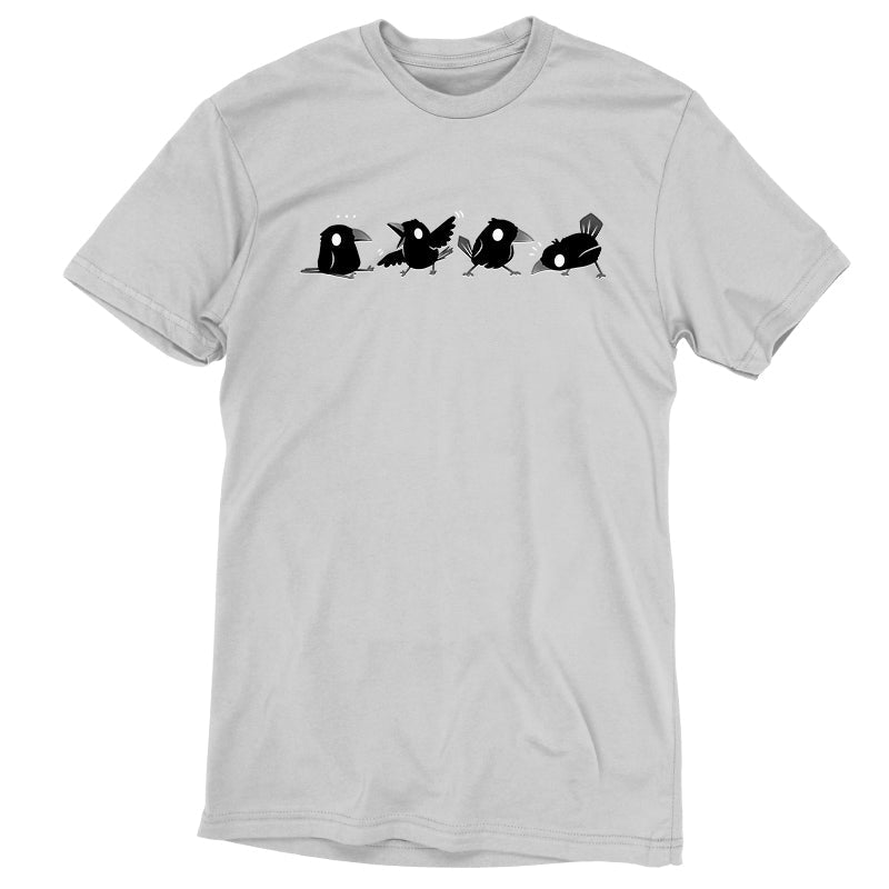 Premium Cotton T-shirt_TeeTurtle Crow Chatter silver gray t-shirt featuring four black crows with white eyes showing different playful poses. 