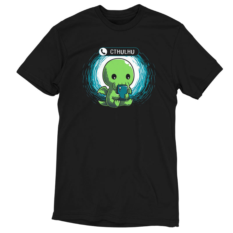 Premium Cotton T-shirt_TeeTurtle Cthulhu Calling black t-shirt featuring a Cthulhu holding a smartphone and looking at the screen with an incoming call notification displaying "Cthulhu" at the top.