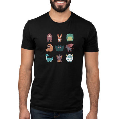 Premium Cotton T-shirt_TeeTurtle Cute Cryptids black t-shirt featuring a grid of cute cryptids, featuring a bigfoot, bunny, frog, worm, moth, winged goat, aquatic dinosaur, bat, and yeti.