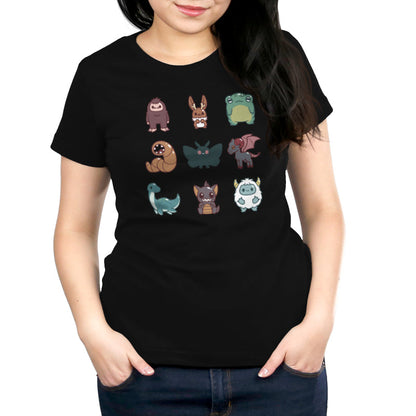 Premium Cotton T-shirt_TeeTurtle Cute Cryptids black t-shirt featuring a grid of cute cryptids, featuring a bigfoot, bunny, frog, worm, moth, winged goat, aquatic dinosaur, bat, and yeti.