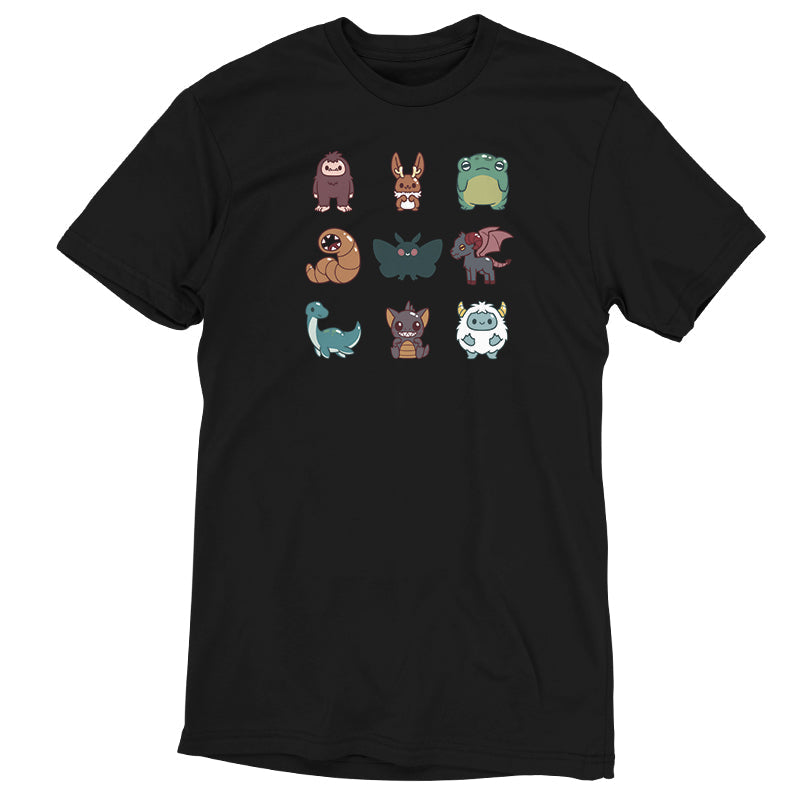 Premium Cotton T-shirt_TeeTurtle Cute Cryptids black t-shirt featuring a grid of cute cryptids, featuring a bigfoot, bunny, frog, worm, moth, winged goat, aquatic dinosaur, bat, and yeti.