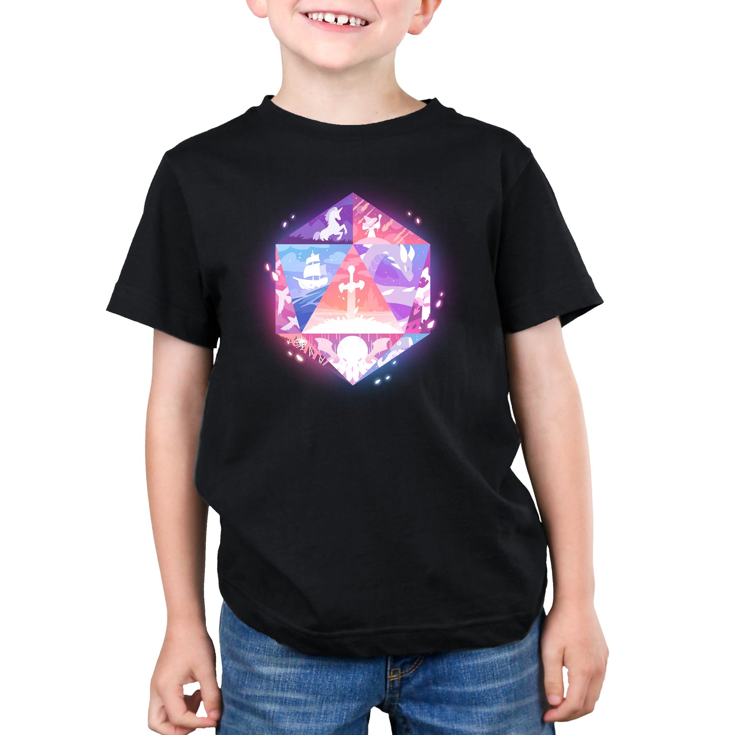 Premium Cotton T-shirt_TeeTurtle black D20 Adventures. Featuring a D20 with renditions of fantasy scenes in a stained-glass-like style on the die faces.