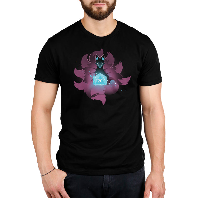 Premium Cotton T-shirt_Teeturtle D20 Kitsune black t-shirt featuring a kitsune with multiple purple tails around a glowing 20-sided die.