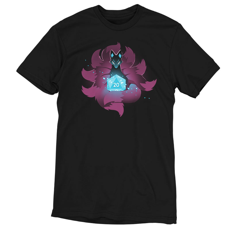 Premium Cotton T-shirt_Teeturtle D20 Kitsune black t-shirt featuring a kitsune with multiple purple tails around a glowing 20-sided die.