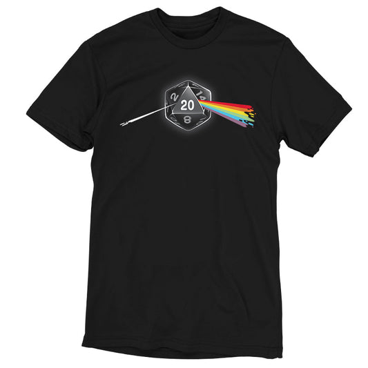 Premium Cotton T-shirt_TeeTurtle Dark Side of the D20 black t-shirt featuring a 20-sided die from a tabletop game with the number 20 facing forward, emitting a rainbow-colored beam that resembles a prism effect.