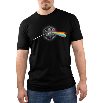 Premium Cotton T-shirt_TeeTurtle Dark Side of the D20 black t-shirt featuring a 20-sided die from a tabletop game with the number 20 facing forward, emitting a rainbow-colored beam that resembles a prism effect.