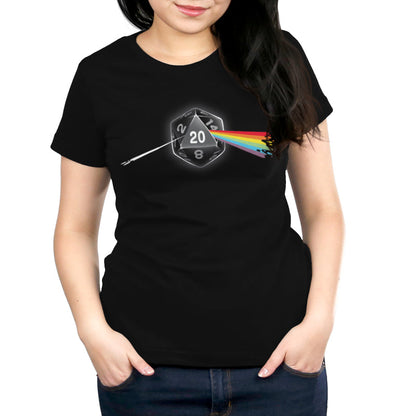 Premium Cotton T-shirt_TeeTurtle Dark Side of the D20 black t-shirt featuring a 20-sided die from a tabletop game with the number 20 facing forward, emitting a rainbow-colored beam that resembles a prism effect.