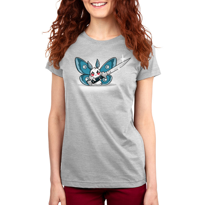 Premium Cotton T-shirt_TeeTurtle Deadly Moth silver gray t-shirt featuring a moth character with red eyes and blue wings holds a large shiny knife with a smile that hints at dark humor.