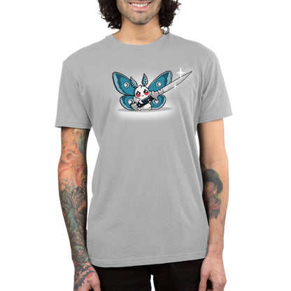 Premium Cotton T-shirt_TeeTurtle Deadly Moth silver gray t-shirt featuring a moth character with red eyes and blue wings holds a large shiny knife with a smile that hints at dark humor.