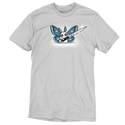 Premium Cotton T-shirt_TeeTurtle Deadly Moth silver gray t-shirt featuring a moth character with red eyes and blue wings holds a large shiny knife with a smile that hints at dark humor.