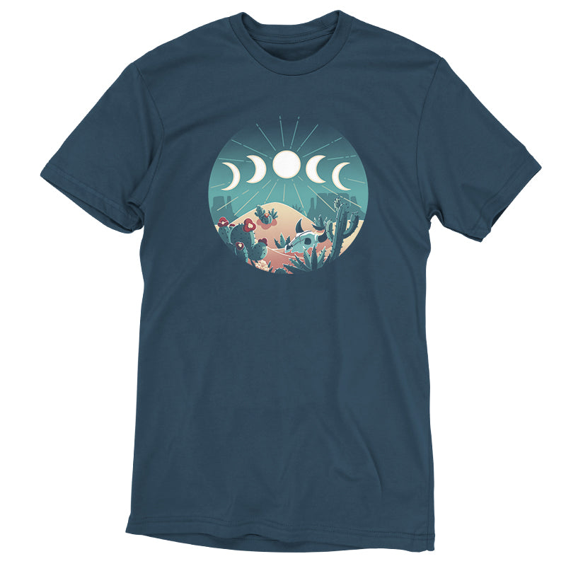 Premium Cotton T-shirt_TeeTurtle Desert Moons denim blue t-shirt featuring a desert scene with different moon phases and cactus.