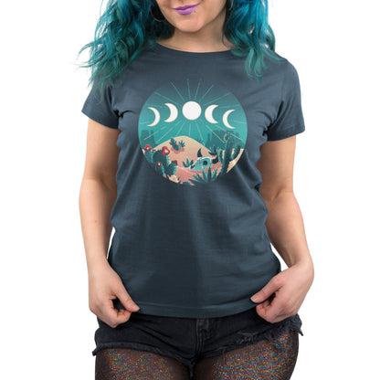 Premium Cotton T-shirt_TeeTurtle Desert Moons denim blue t-shirt featuring a desert scene with different moon phases and cactus.