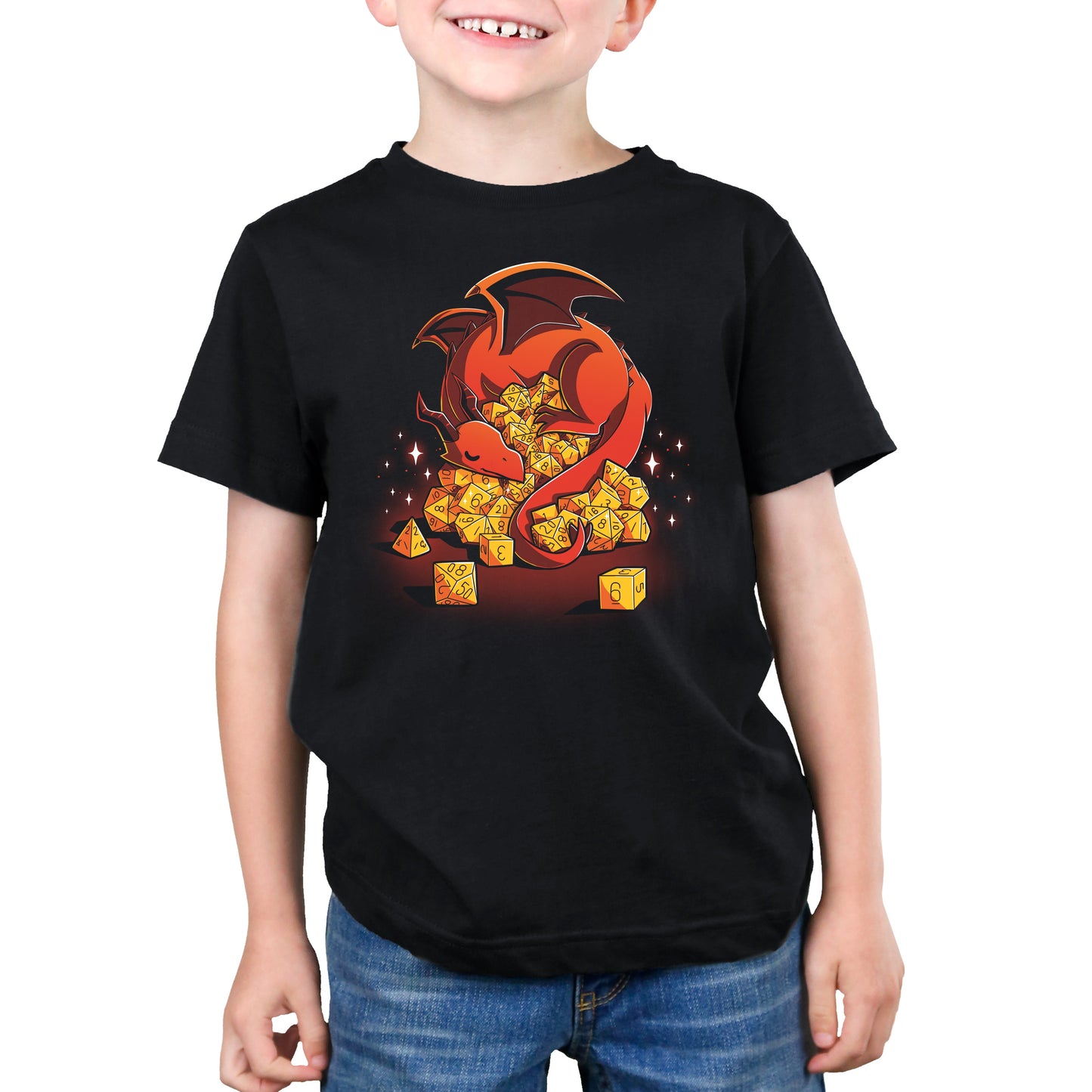 Premium Cotton T-shirt_A red dragon is curled around an overflowing pile of yellow polyhedral dice, with sparkles around. Show off your inner Dice Hoarder with this black monsterdigital Dice Hoarder apparel crafted from super soft ringspun cotton. The dice include various types ranging from d4 to d20.