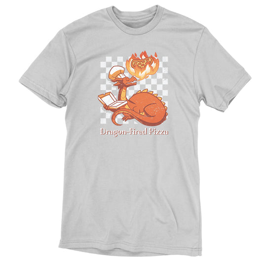 Premium Cotton T-shirt_TeeTurtle Dragon-Fired Pizza silver gray t-shirt featuring a dragon wearing a chef's hat, breathing extra hot fire onto a pizza while holding an open pizza box. Text at the bottom reads 