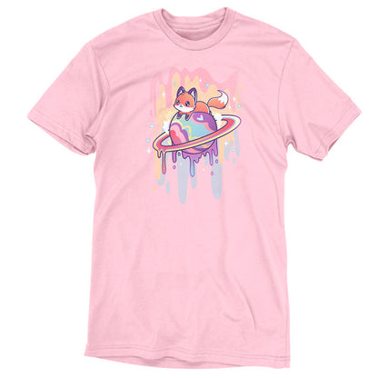 Premium Cotton T-shirt_TeeTurtle Drippy Dreamworld light pink t-shirt featuring a fox sitting on a colorful Saturn-like planet with a dripping effect, set against a pink background with sparkles.