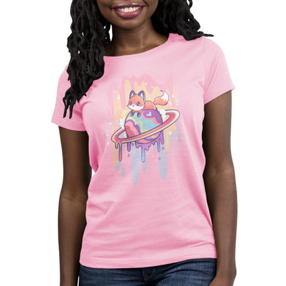 Premium Cotton T-shirt_TeeTurtle Drippy Dreamworld light pink t-shirt featuring a fox sitting on a colorful Saturn-like planet with a dripping effect, set against a pink background with sparkles.