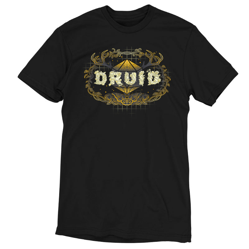 Premium Cotton T-shirt_TeeTurtle Druid Class black t-shirt featuring a stylized "DRUID" text made of floral designs overlaying a geometric shape, framed by antlers and vines with a butterfly at the bottom, all in gold and cream tones for tabletop gaming. 