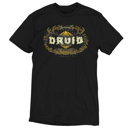 Premium Cotton T-shirt_TeeTurtle Druid Class black t-shirt featuring a stylized "DRUID" text made of floral designs overlaying a geometric shape, framed by antlers and vines with a butterfly at the bottom, all in gold and cream tones for tabletop gaming. 