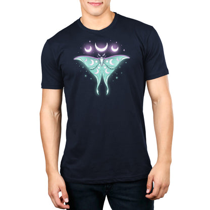 Premium Cotton T-shirt_TeeTurtle Ethereal Moth navy blue t-shirt featuring a celestial moth with moon phases on its wings, glowing against a dark background, surrounded by stars and crescent moons.