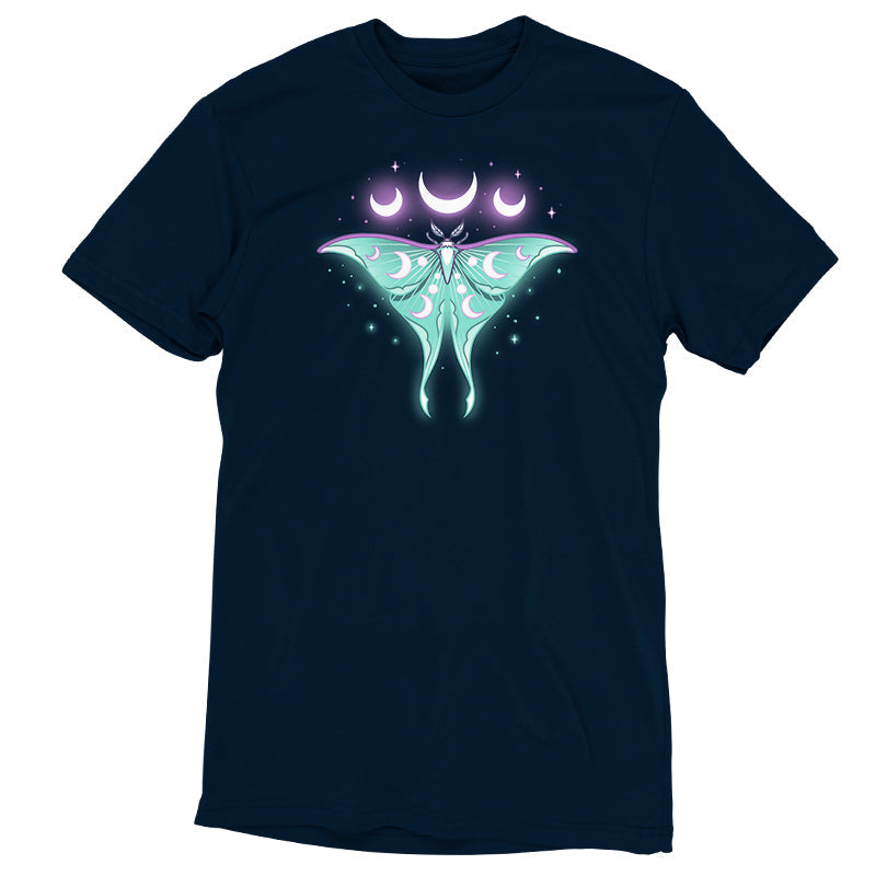 Premium Cotton T-shirt_TeeTurtle Ethereal Moth navy blue t-shirt featuring a celestial moth with moon phases on its wings, glowing against a dark background, surrounded by stars and crescent moons.