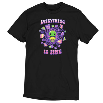 Premium Cotton T-shirt_TeeTurtle Everything is Fine black t-shirt featuring a kawaii green turtle standing in the center of a swirl of psychadelic mushrooms with the text "EVERYTHING IS FINE" which is written above and below the turtle in a purple and pink bubble font. The turtle shows no anxiety. 