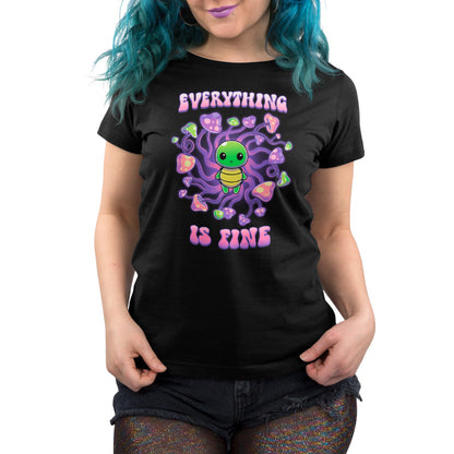 Premium Cotton T-shirt_TeeTurtle Everything is Fine black t-shirt featuring a kawaii green turtle standing in the center of a swirl of psychadelic mushrooms with the text "EVERYTHING IS FINE" which is written above and below the turtle in a purple and pink bubble font. The turtle shows no anxiety. 